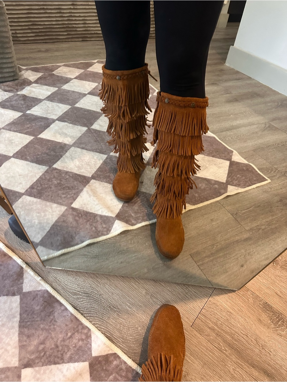 Minnetonka Brown Layered Fringe Suede Knee-High Moccasins